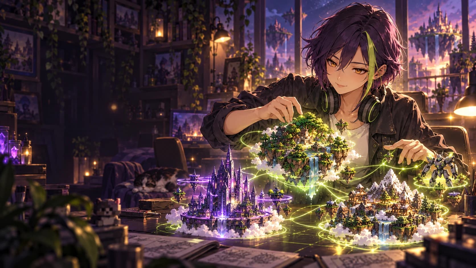 An anime creator crafting miniature game worlds in her evening workshop